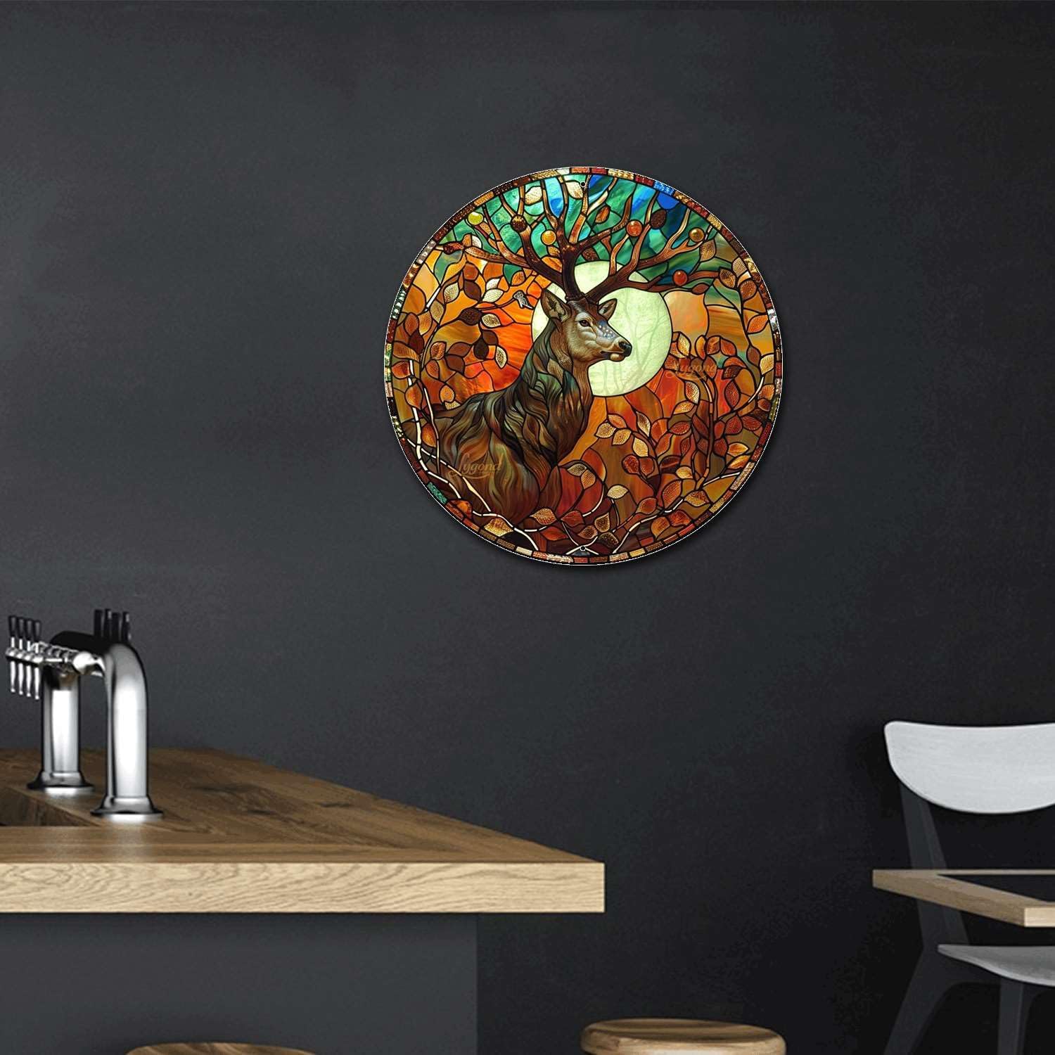 Lygond Metal Sign Tin Sign Circular Stained Glass Deer Vintage Metal Sign for Garage 8×8 Inches