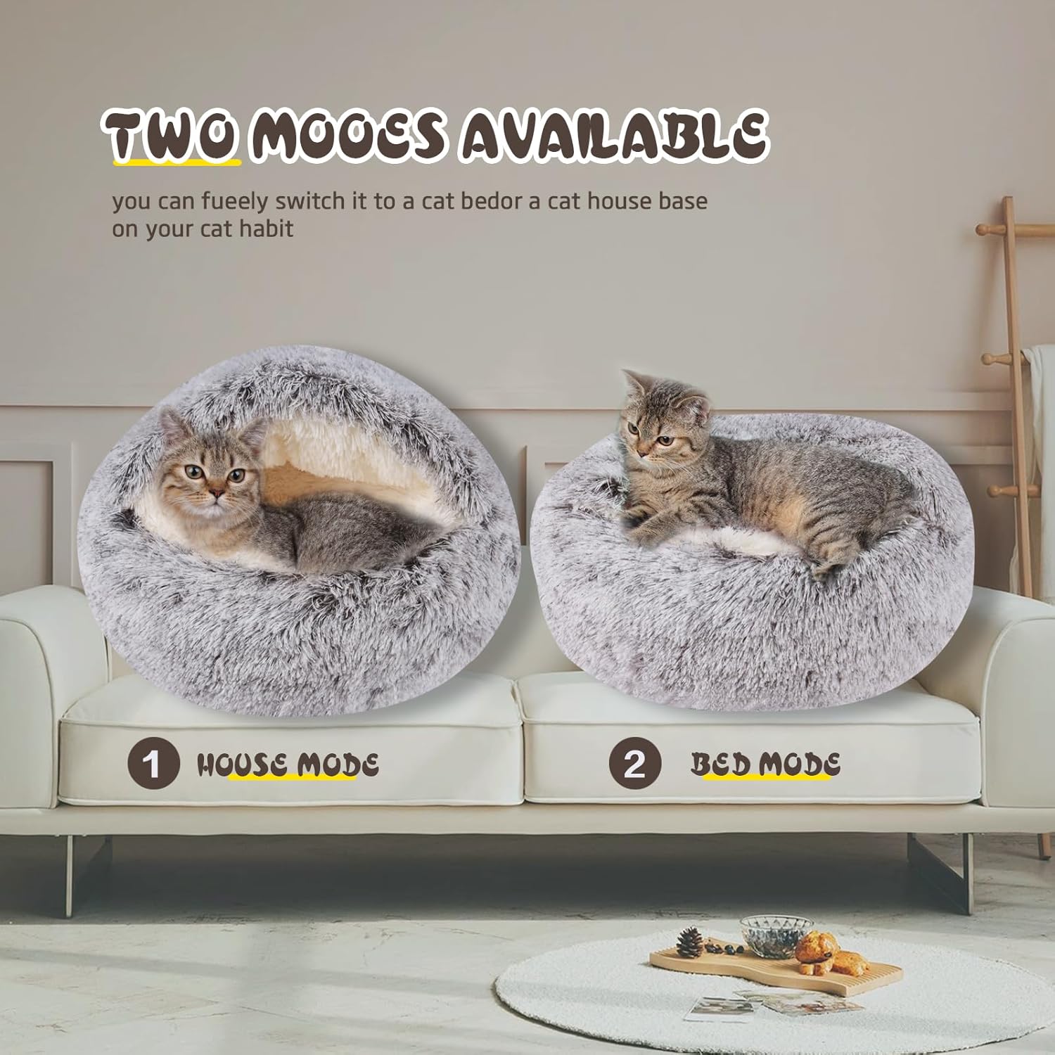 Cat Bed for Indoor Cats, Calming Cozy Cave with Self-Warming Plush, Entire Bed Machine Washable & Anti-Slip Base, Breathable Pet Bed for Small Cats&Dogs All Seasons (Khaki, 20 * 20inch)