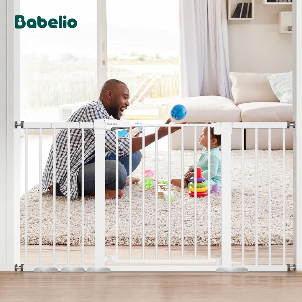 BABELIO 29-55 Inch Extra Wide Baby/Dog Gate, Metal Auto Close, Pressure Mounted Pet Door for Doorways, NO Need Tools and Drilling, with Wall Cups, White