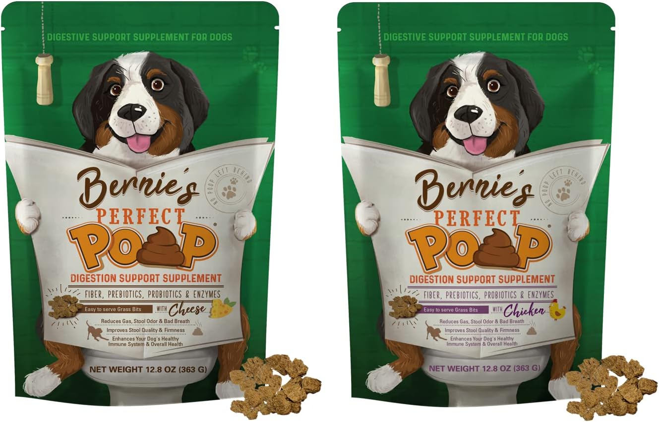 Perfect Poop Digestion & Health Supplement for Dogs: Fiber, Prebiotics, Probiotics, Enzymes Digestive, Hard & Soft Stool, Improved Health (12.8oz Cheddar Bag + 12.8oz Chicken Bag, 12.8oz Bundle)