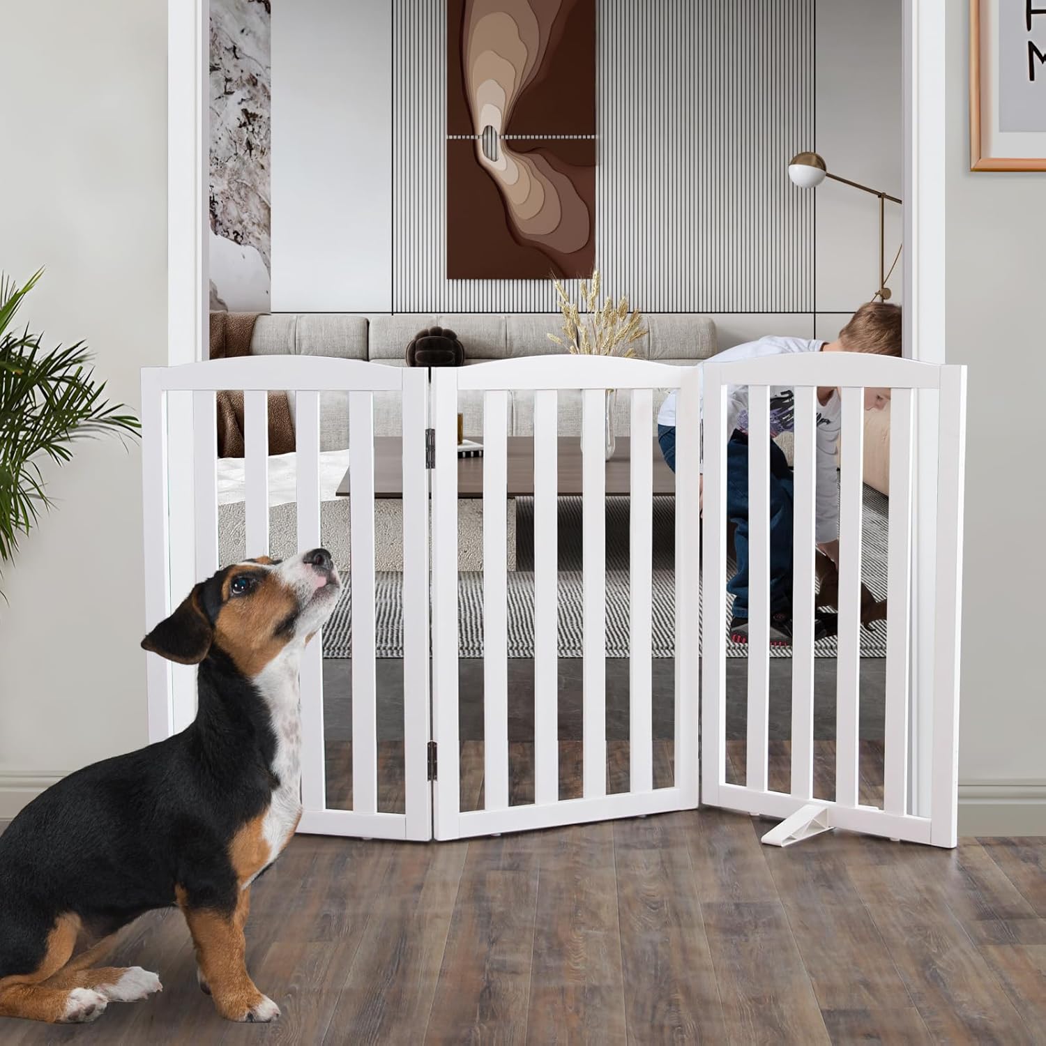 ZJSF Foldable Freestanding Indoor Dog Gate for House Wood White Long Pet Gates Dog Fence for Stairs Puppy Gates for Hallways,Pet Fence, Puppy Gate,Support Feet Included 32 "Height-3 Panels