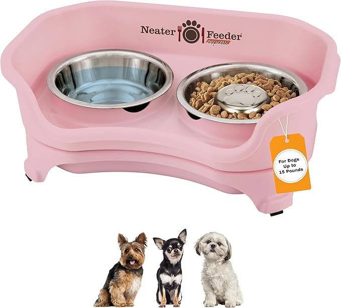 Neater Feeder Express Mess Proof Dog Bowls Elevated for Small Breed – Made in USA – No Spill Raised Slow Feeder Elevated Dog Bowl Stand, Stainless Steel Food and Water Bowl Set, Pink