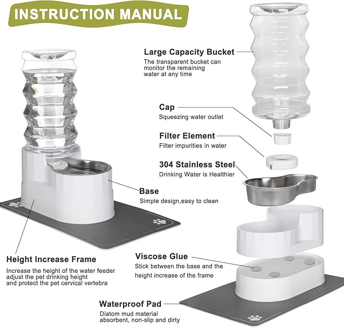 RIZZARI Automatic Dog Water Dispenser：8L Lagre Stainless Steel Raised Pet Water Bowl Gravity Feeder with Triple Filter Specialized Brush - Garage Garden Pet Feeder