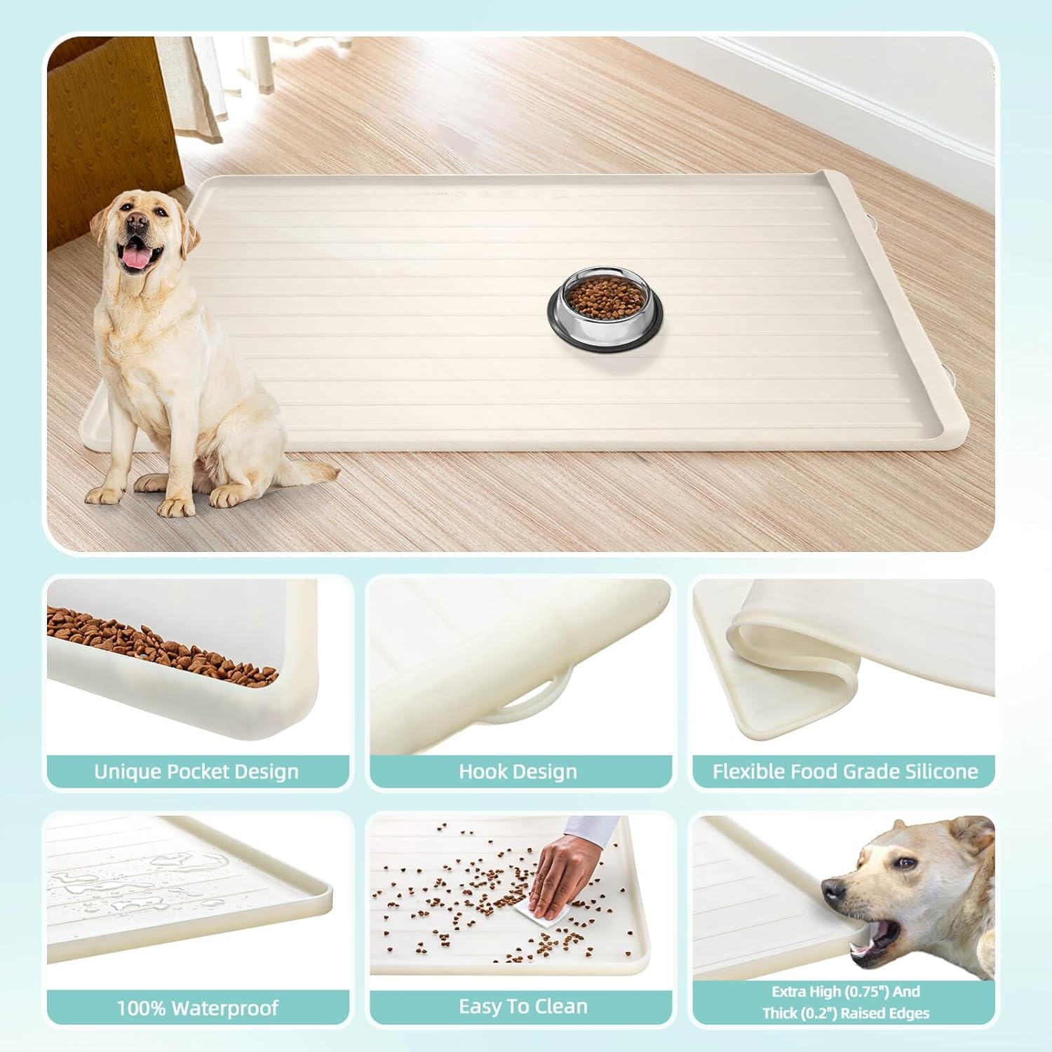 Dog Mat for Food and Water - 39.4" x 27" Large Pet Feeding Mats with Residue Collection Pocket - Waterproof Dog Cat Bowl Mat with High Edges to Prevent Water and Food Spills (Cream)