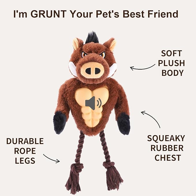 Extremely Durable Boar Chew Toy for Aggressive Chewers - Squeaky Rubber Chest & Rope Tug Legs for Large Breed Dogs