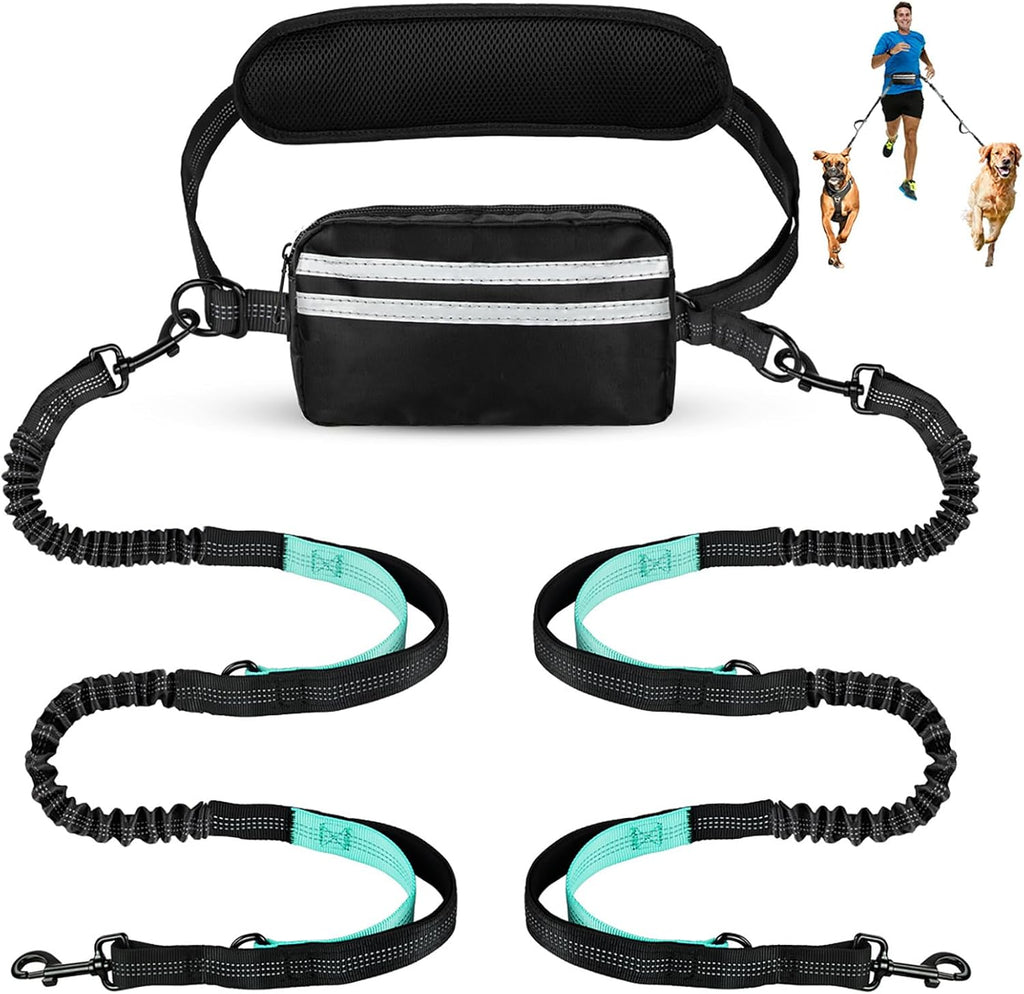 Hands Free Dog Leash with Pouch, Double Leash for Two Dogs, Retractable Bungee with Double Padded Handles, Waist Leash for Dog Walking, Running Leash for Dogs, Dog Walking Accessories