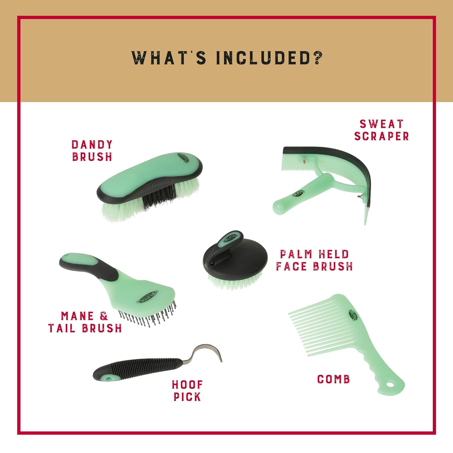 Weaver Equine 6-Piece Horse Grooming Kit, Ergonomic Gentle Horse Care Kit, Equestrian Supplies for Bathing Support, Detangling, and More, Mint/Gray