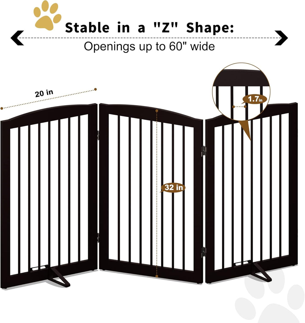 Freestanding Pet Gate for Dogs, Foldable Wooden Dog Gate for House Indoor, Tall Pet Fence for Stair, Doorway,Hall, Support Feet Included, 3 Panels 32",Brown