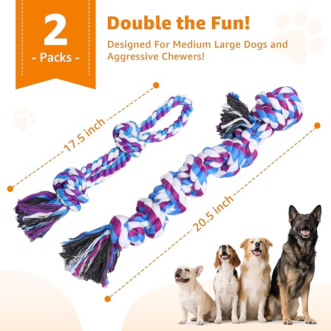 LOOBANI Dog Rope Toys for Aggressive Chewers, 2 Packs Replacement Interactive Chew Toy for Pet Grinding Teeth, Tug of War Toy for Small Medium Large Breeds(Purple Blue)