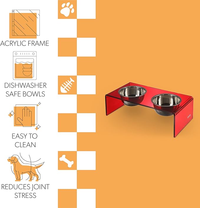 The LICKER Store DBL2000H Keaton 5" Small/Medium Modern Acrylic Rectangular Elevated Pet Feeder with 20oz 2-Stainless Steel Bowls, Red/Chrome