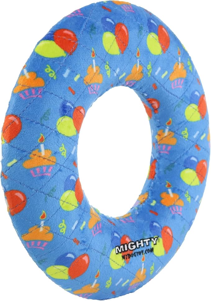 MIGHTY- NO Stuff Ring - Squeaky Plastic Core. 2-in-1 Toy. Made Durable, Strong & Tough. Interactive Play (Tug, Toss & Fetch). It Floats (Celebration, Large)