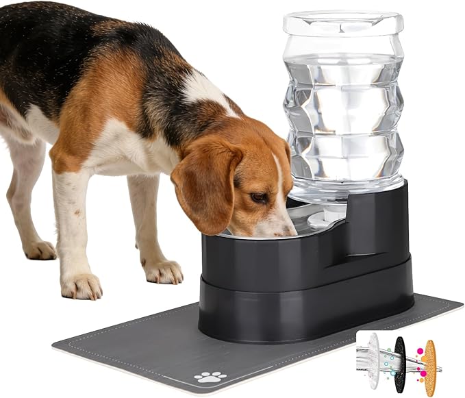 RIZZARI Automatic Cat Water Dispenser: Black 7L Elevated - Stainless Steel Gravity Feeder with Specialized Brush and Triple Filtration - Splash Guard Mat - Use in Bedroom and Livingroom