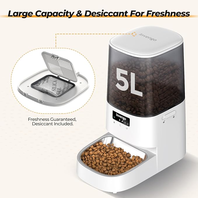 Automatic Cat Feeder with App Control, 5L Food Dispenser for Cats and Small Dogs, 2.4/5G Wi-Fi, Dual Power, Programmable Portions, Anti-Jam & Fresh-Lock, Stainless Steel Bowl, Easy to Clean