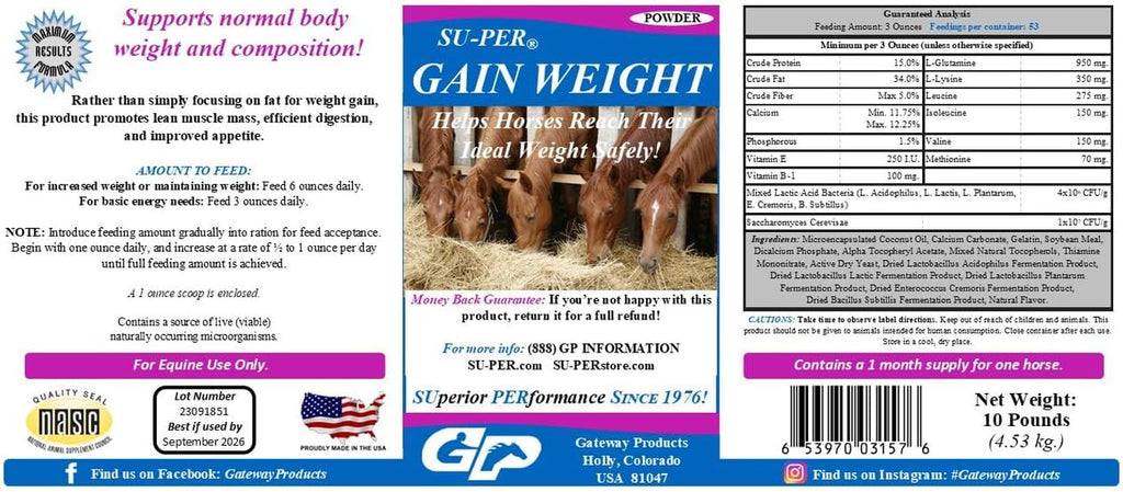 SU-PER Gain Weight for Horses - Equine Supplement Weight Gainer for Horses - Promotes Lean Muscle Mass, Digestion & Appetite - 10 Pound, 1 Month Supply
