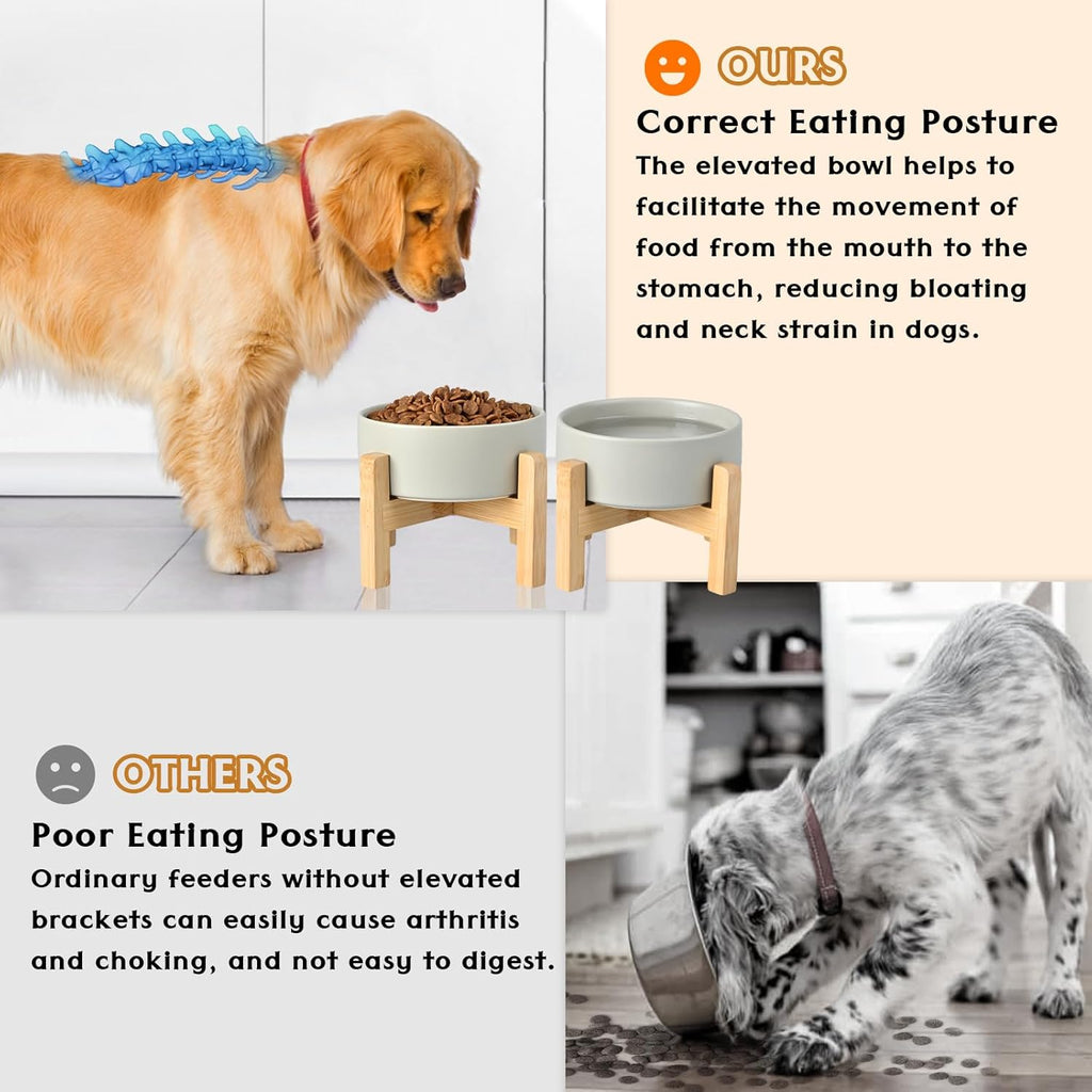 SPUNKYJUNKY Ceramic Elevated Dog Bowls 2 Pack - 8.3inch Raised Dog Bowls with Non-Slip Wooden Stand for Large Dogs Dishwasher Safe(Grey,60OZ*2)