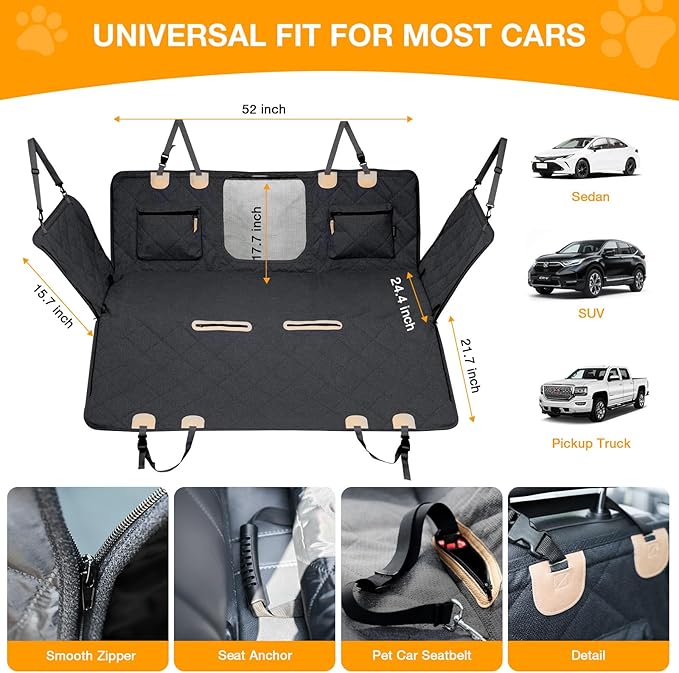 Dog Car Seat Cover, Hard-Bottom Back Seat Extender for Pets, Waterproof Nonslip Hammock for Car, Backseat Dog Bed for Cars SUVs Trucks, Car Seat Protector, Universal Fit 52 x 25 in, Black