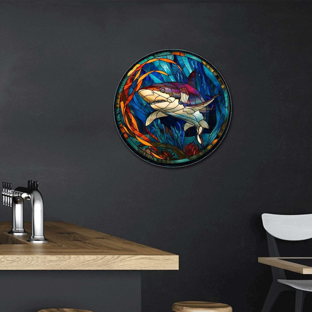 Lygond Metal Sign Tin Sign Circular Stained Glass Shark2 Home Deccor Store Home Decor for Patio 12×12 Inches