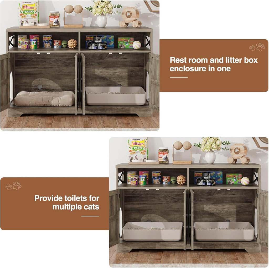 Cat Litter Box Enclosure for 2 Cats, 47" Hidden Litter Box Furniture Cat Washroom with Double Large Room, Farmhouse Indoor Litter Box Cabinet TV Stand, Grey