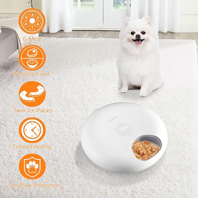 Automatic Cat Feeder for Wet Food, 6 Meals Cat Food Dispenser with 2 Ice Packs, Programmable Timer, Rechargeable Cordless Auto Pet Feeder for Cats Small Dogs- BPA-Free Food Tray