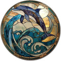 Lygond Metal Sign Tin Sign Circular Stained Glass Dolphin Wall Art for Restaurant 8×8 Inches
