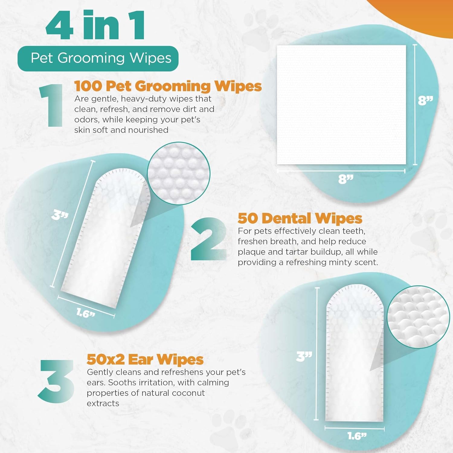 100 Pet Wipes (8x8'' Unscented) - 100 Ear Wipes (Coconut) - 50 Dental Wipes (Mint Infused) for Dogs & Cats, 250 Wipes, Alcohol-Free, Safe & Gentle- Great Value Bundle, Pet Care