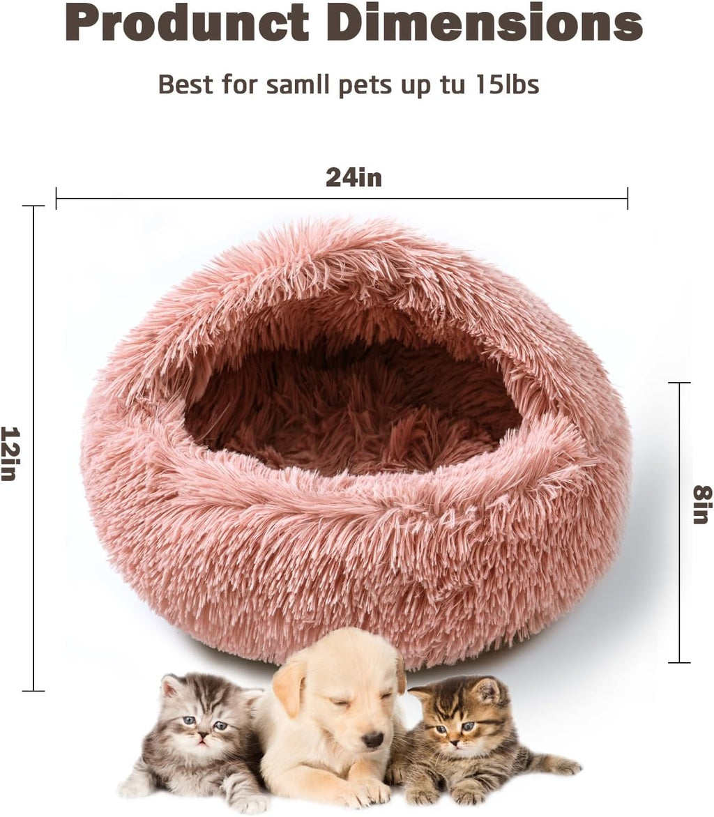 Cat Bed for Indoor Cats, Calming Cozy Cave with Self-Warming Plush, Entire Bed Machine Washable & Anti-Slip Base, Breathable Pet Bed for Small Cats&Dogs All Seasons (Leather Pink, 24 * 24inch)