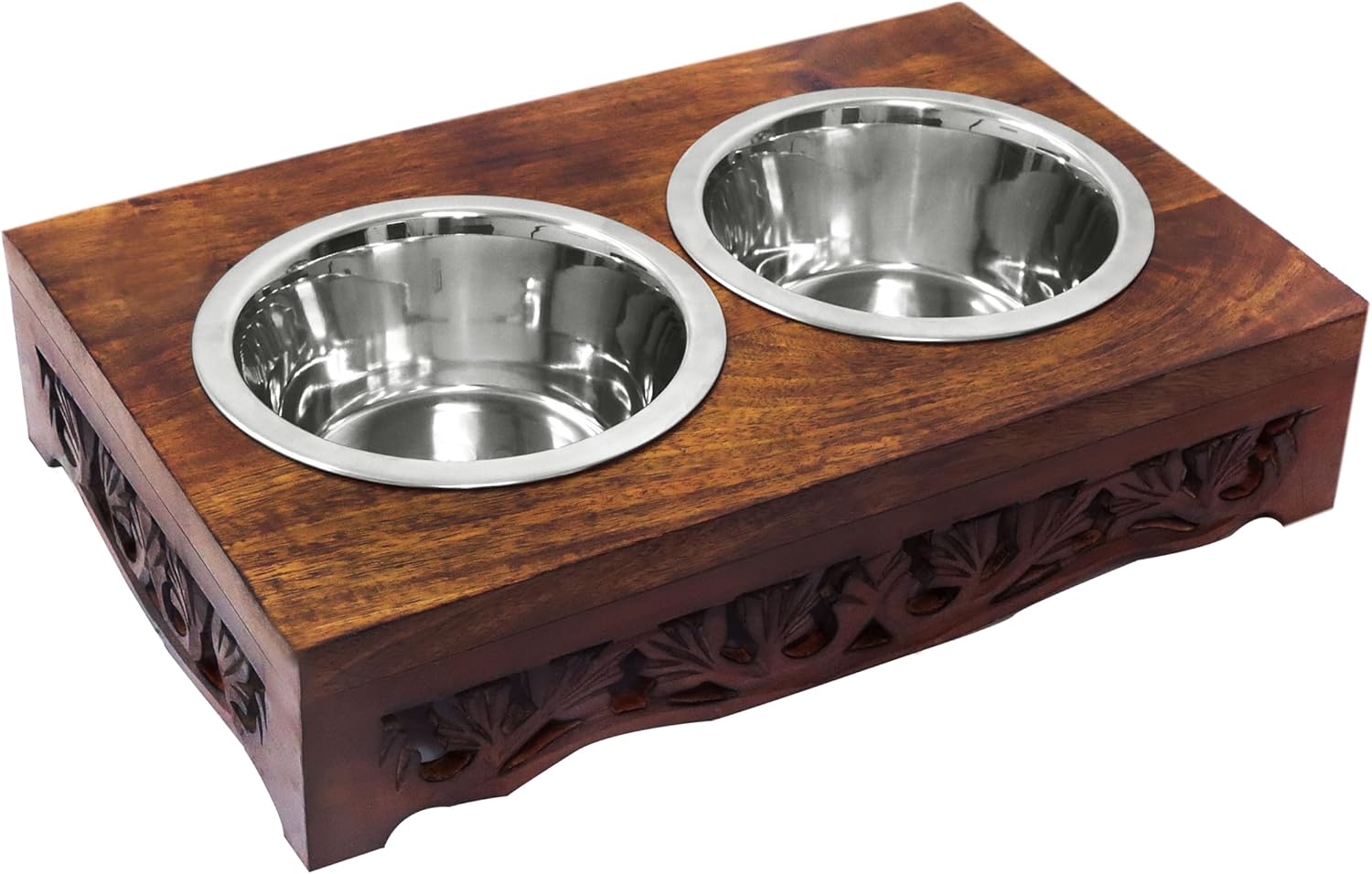 Elevated Pet Feeder for Dogs and Cats - Scroll Carved Wood Raised Dog Bowl Stand - Pet Feeding Stand with Two Steel Bowls - Raised Dog Bowl for Food and Water - Pet Feeding Station -17x11x4- IRONGATE