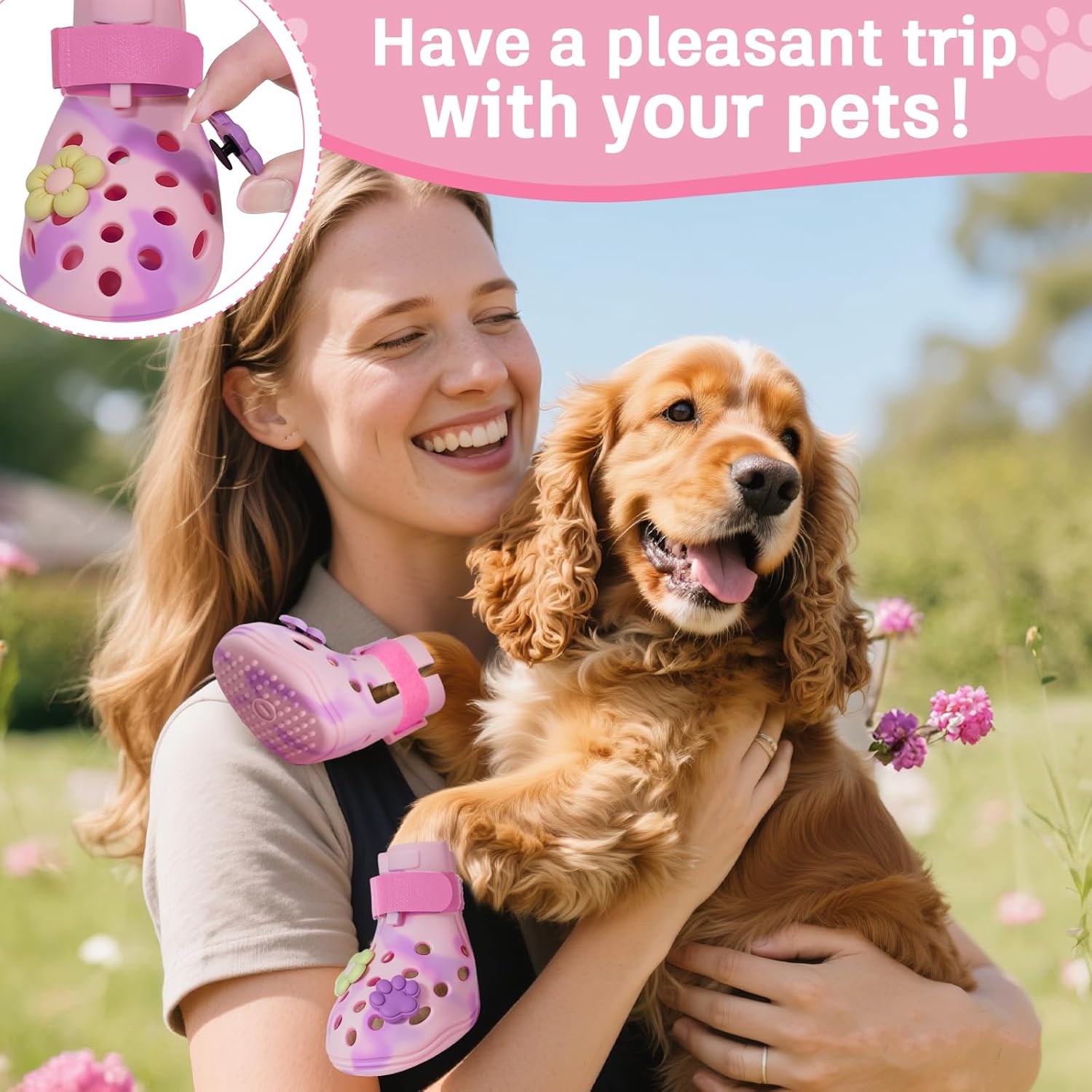 Dog Shoes for Hot Pavement, Adjustable Magic Tape Boots for Small, Medium & Large Dogs, Anti-Slip, Easy to Clean Paw Protectors for Beach, Outdoor & Hot Weather (Pink M)