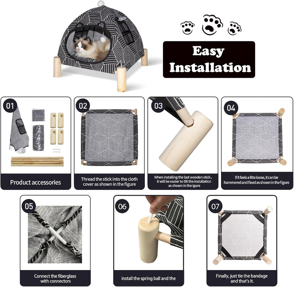 2-in-1 Elevated Cat Tent Cat House, Quick Assembly and Disassembly, Portable Indoor/Outdoor Cute Cat Bed Cave-Black Diamond Pattern