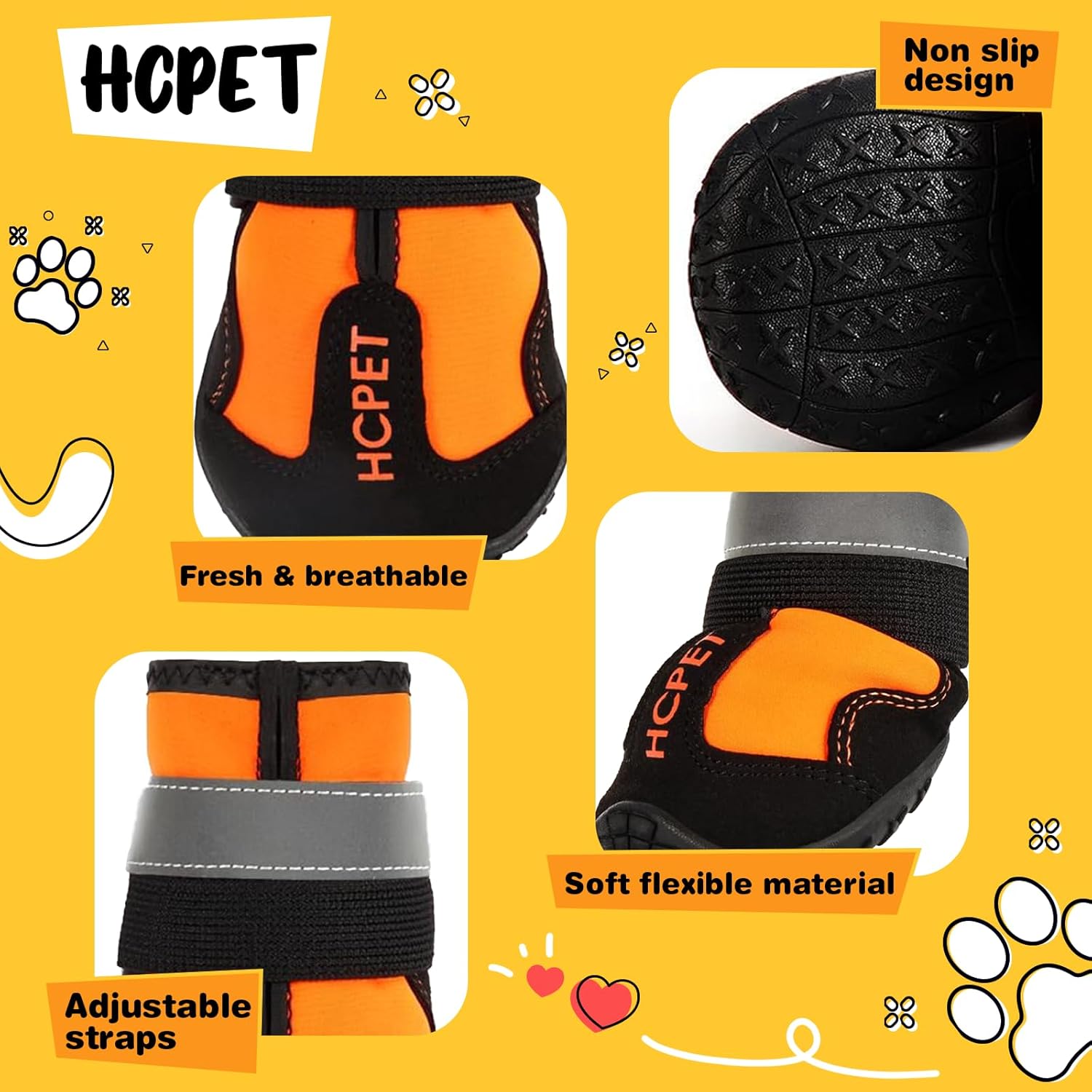 Hcpet Dog Shoes, Dog Boots for Small Dogs, Waterproof Medium Dog Booties Paw Protector for Summer Hot Pavement, Winter Snowy Day, Outdoor Walking, Indoor Hardfloors Anti Slip Sole Orange Size 2