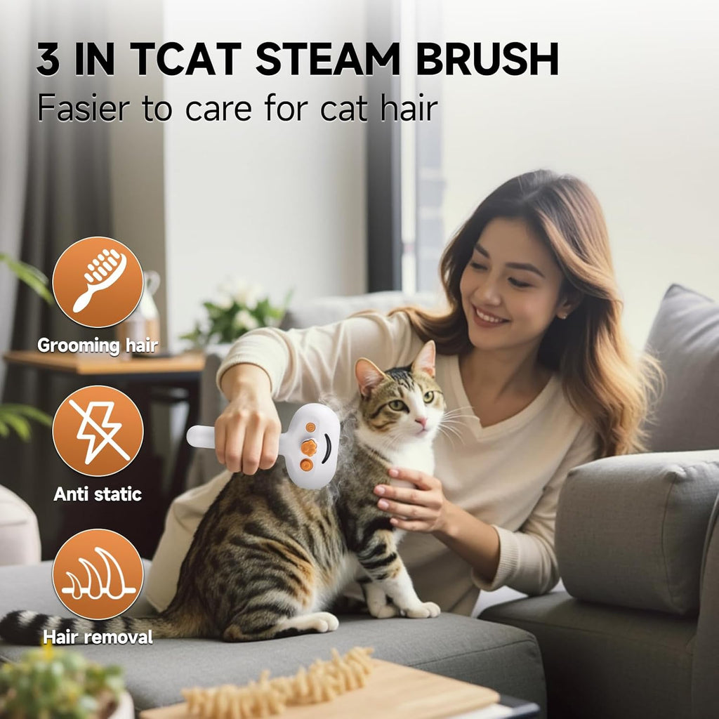 3-in-1 Pet Steam Brush Set for Dogs & Cats, Grooming Comb with Spray, Defur Tool, Water-Assisted Hair Removal, Gentle Cat & Dog Spritz Brush, Multi-Purpose Steam Grooming Kit