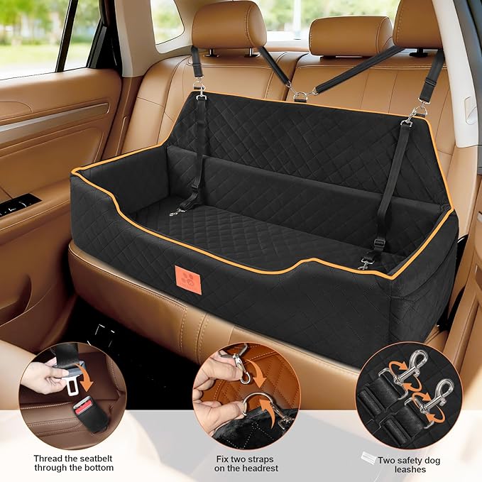 Large Dog Car Seat for Dods Under 100 Lbs, Memory Foam Dog Car Bed for Backseat & Trunk, Detachable and Washable Cover, Pet Travel Seat with Storage Pockets, 2 Safety Belts