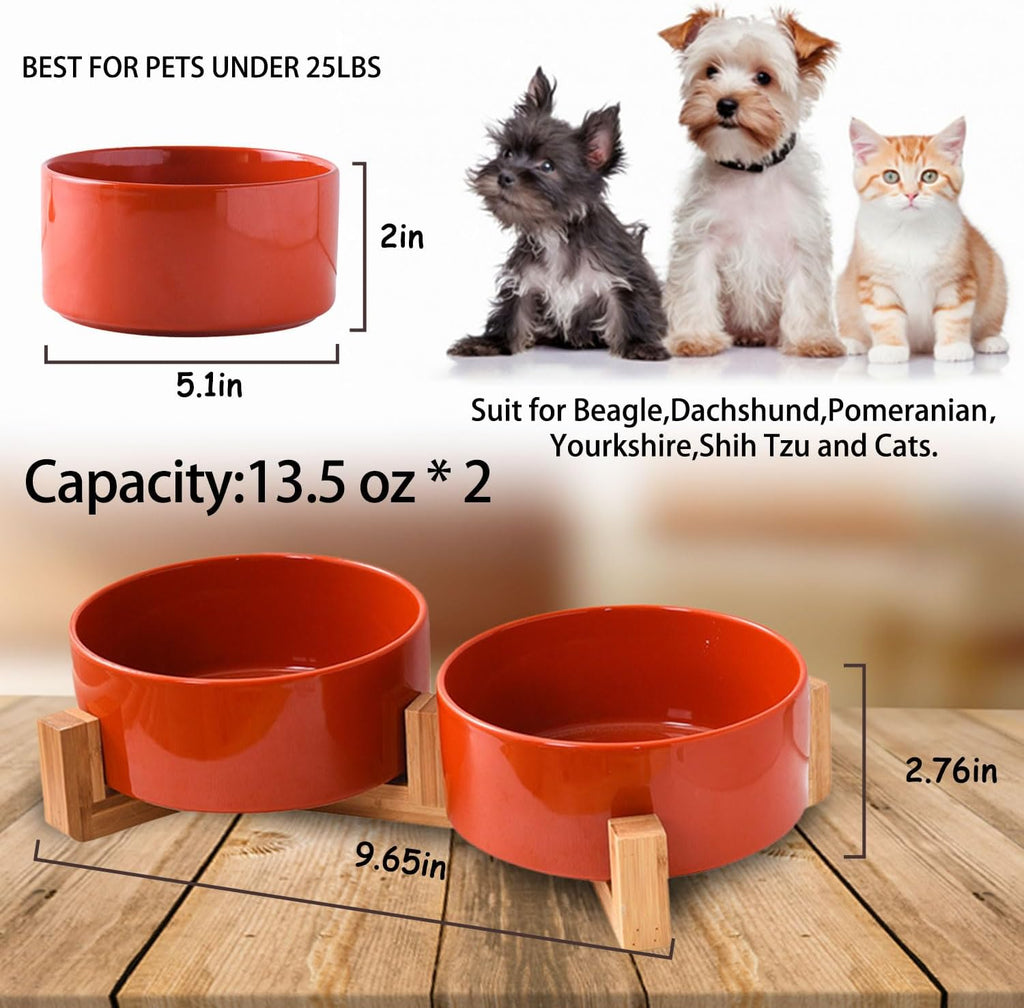Petygooing Dog Bowls,Ceramic Cat Dog Bowl Set with Wood Stand for Food and Water,Non-Slip Cute Modern Pet Dish for Cats Small Size Dogs Puppy (13.5OZ/5.1 in) Rust Red