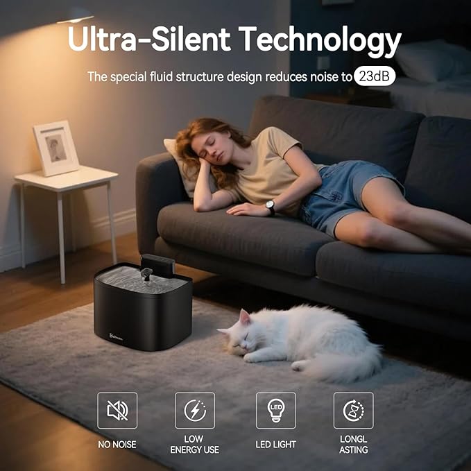 Cat Water Fountain, App Control Wireless Cat Fountain, 122oz/3.6L Pumpless Water Fountains for Cats Indoor with Stainless Steel Tray, Wi-Fi Dog and Pet Water Fountain (Black, Fountain+2 Fliters)