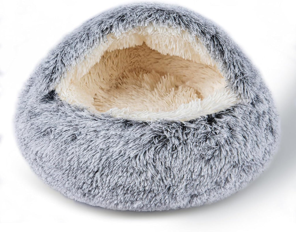 Cat Bed for Indoor Cats, Calming Cozy Cave with Self-Warming Plush, Entire Bed Machine Washable & Anti-Slip Base, Breathable Pet Bed for Small Cats&Dogs All Seasons (Grey, 20 * 20inch)
