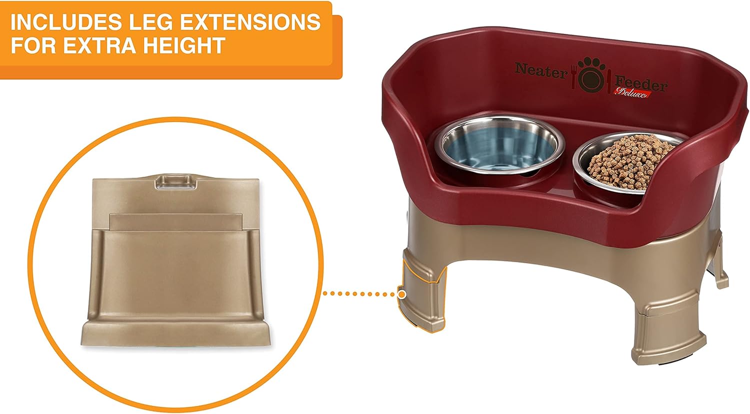 Neater Feeder Deluxe Mess Proof Dog Bowls Elevated Medium Sized Dogs (19-40 lbs) Made in USA, No Spill Raised Dog Food Bowl Stand w/Leg Extension, Stainless Steel Food and Water Bowl Set, Cranberry