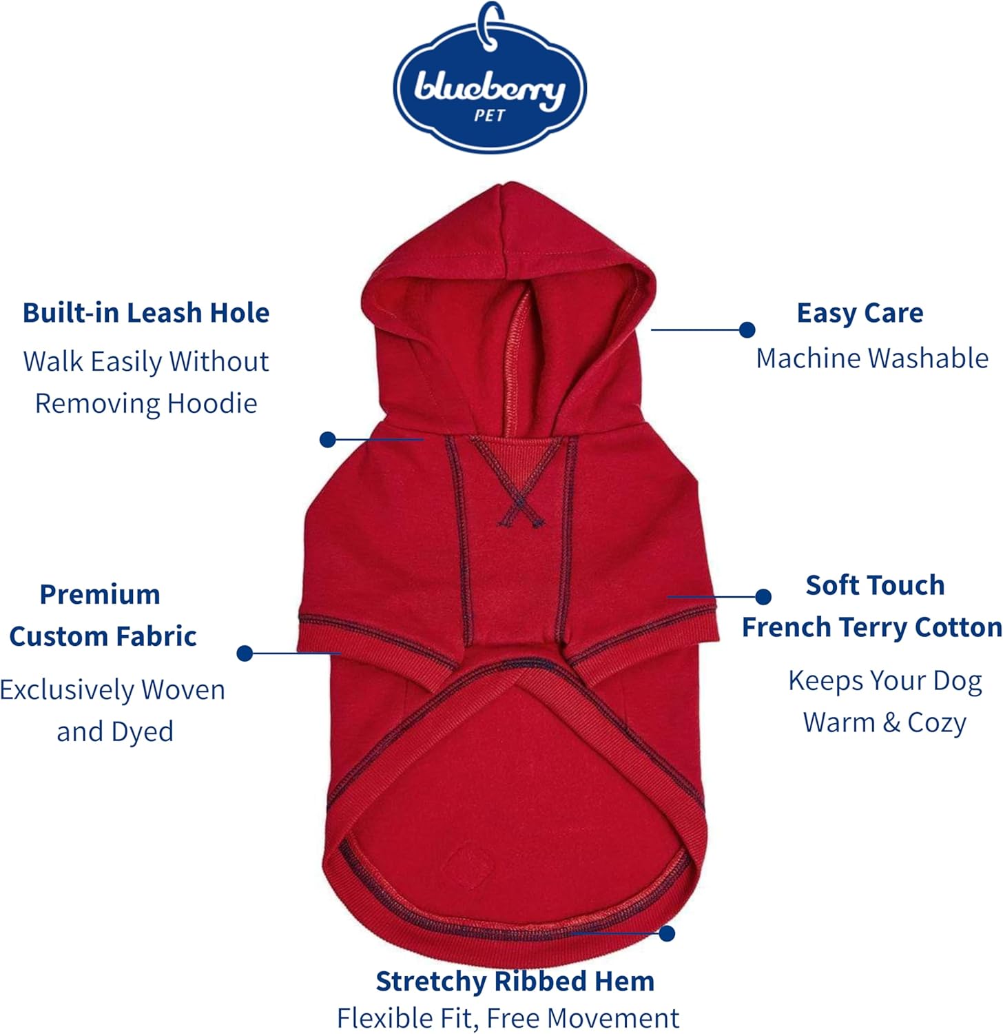 Blueberry Pet Essentials Soft & Comfy Better Basic Cotton Blend Dog Hoodie Sweatshirt in Red, Back Length 18", Pack of 1 Jacket for Dogs