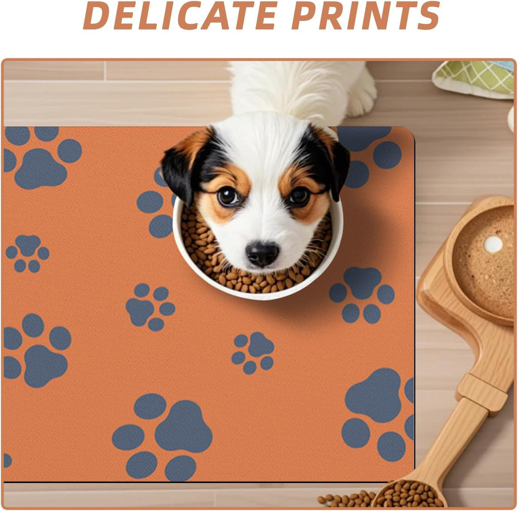 12"×20" Dog Food Mat-Absorbent Dog Mat for Food and Water, No Stains Quick Dry Cat Bowl Mat Non Skid Feeding Mat with Footprints for Messy Drinkers Orange