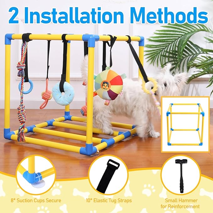 Puppy Play Gym with 8 Hanging Toys for Small Dogs Cats, 19.5 inch Indoor Puppies Jungle Playground with Suction Cups, Interactive Funny Enrichment Activity Center to Keep Them Busy, PVC Frame