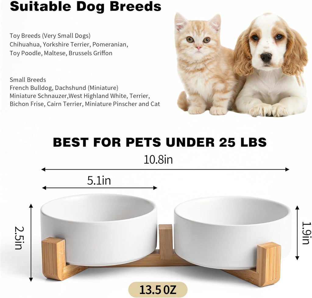 White Ceramic Dog & Cat Bowl Set – 13.5 OZ with Wooden Stand, Non-Slip, Elevated Design for Small Dogs & Cats – 2 Bowls (Food & Water, Ceramic Pet Bowls, Modern Dog Bowls)