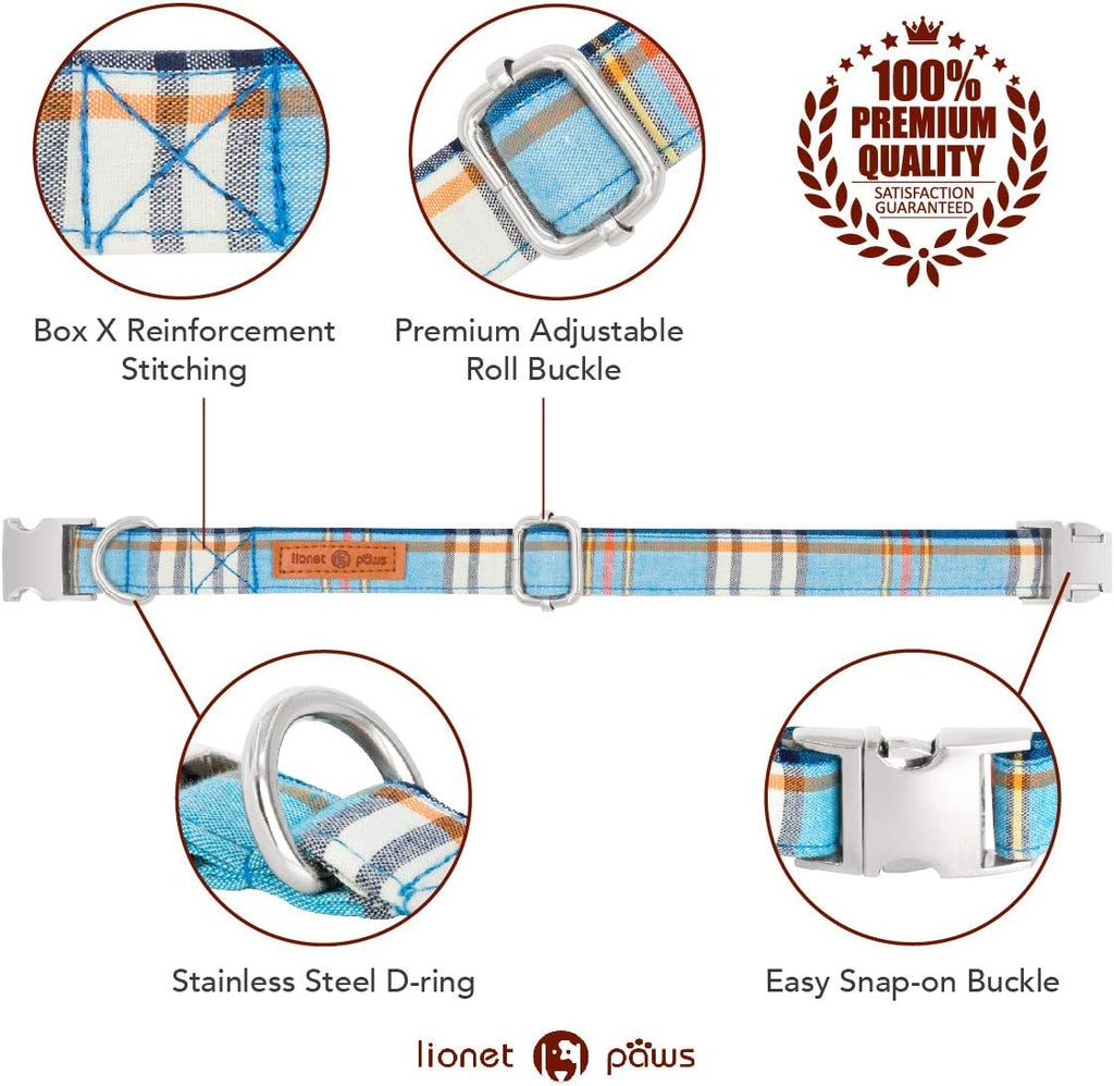 Lionet Paws Boy Dog Collar with Bowtie, Comfortable Adjustable Cute Blue Plaid Bow Tie Collar for Male Puppies and Cats Gift, XS, Neck 8-12 inches
