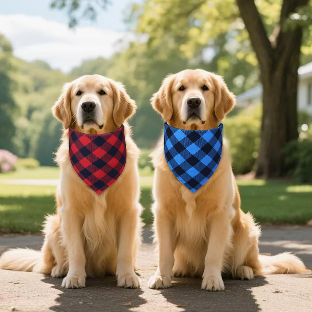 Plaid Dog Bandanas 2-Pack for Small Dogs, Red-Black & Blue-Black Buffalo Check Set - Adjustable Reversible Scarves for Boys & Girls