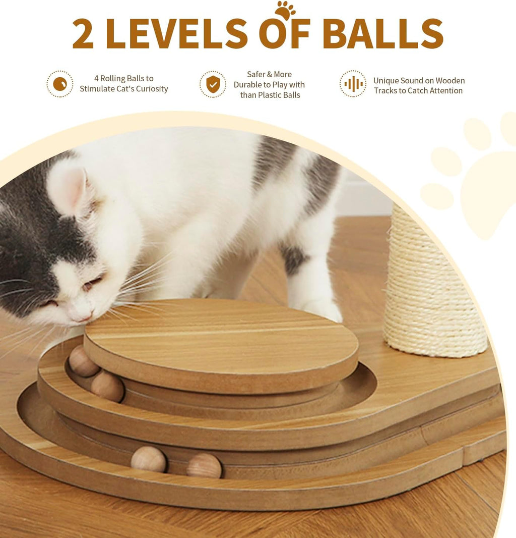 Made4Pets Cat Scratching Post Cat Scratcher Kitten Toys for Indoor Cats Wooden Ball Track Two-Layer Modern Sisal 23.4" Tall Scratch Post Interactive Toy with Dangling Ball Middle Size