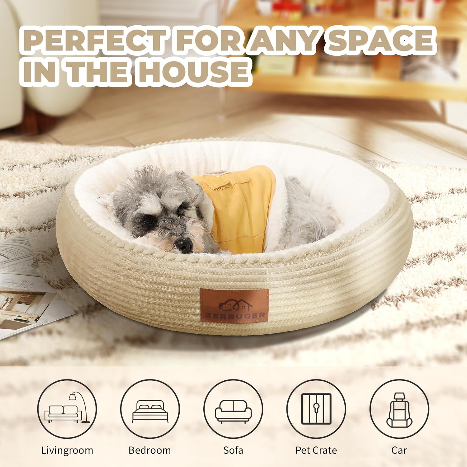 Cat Bed, 20In Dog Beds for Small Dogs, Calming Cat & Dog Beds for Indoor Pets, Pet Beds Comfortable Donut Round Ultra Soft (Camel, 23" L x 23" W x 6.5" Th)