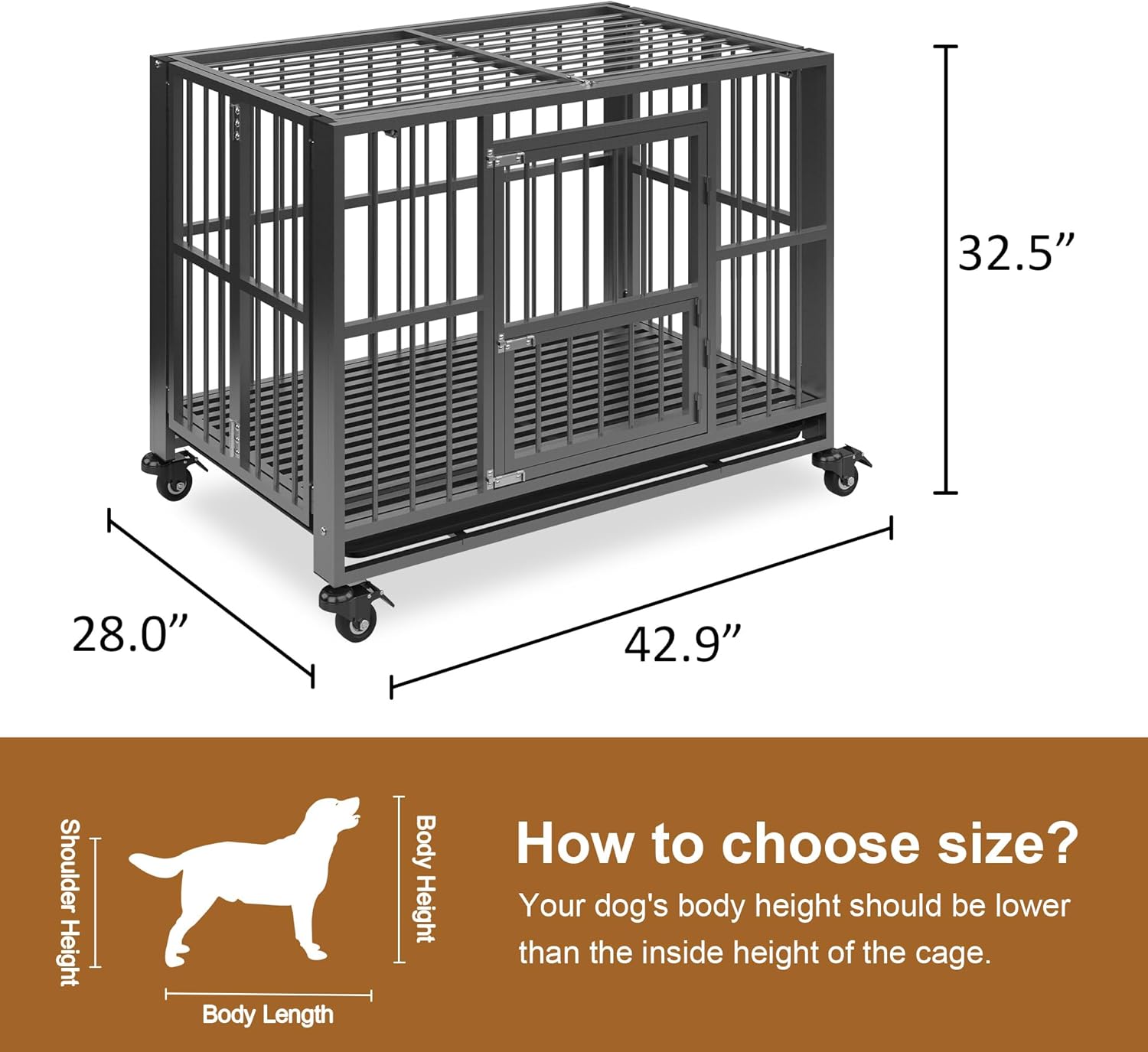 Polar Aurora Heavy Duty Dog Crate, Foldable Indestructible Dog Kennel, Escape Proof Extra Large Dog Cage with Lockable Wheels, High Anxiety Pet Playpen with Double Door for Indoor/Outdoor Use. (43in)