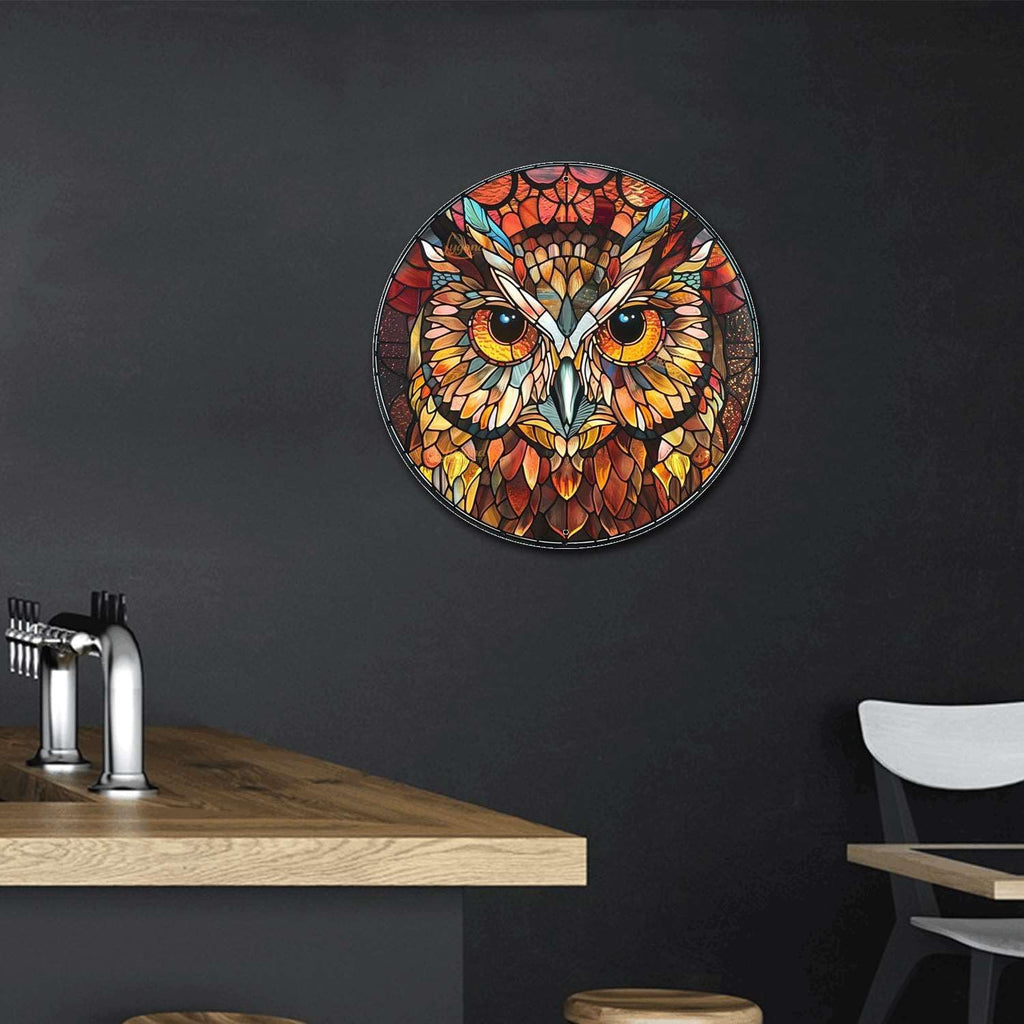 Lygond Metal Sign Tin Sign Circular Stained Glass Owl Metal Sign for Patio 8×8 Inches