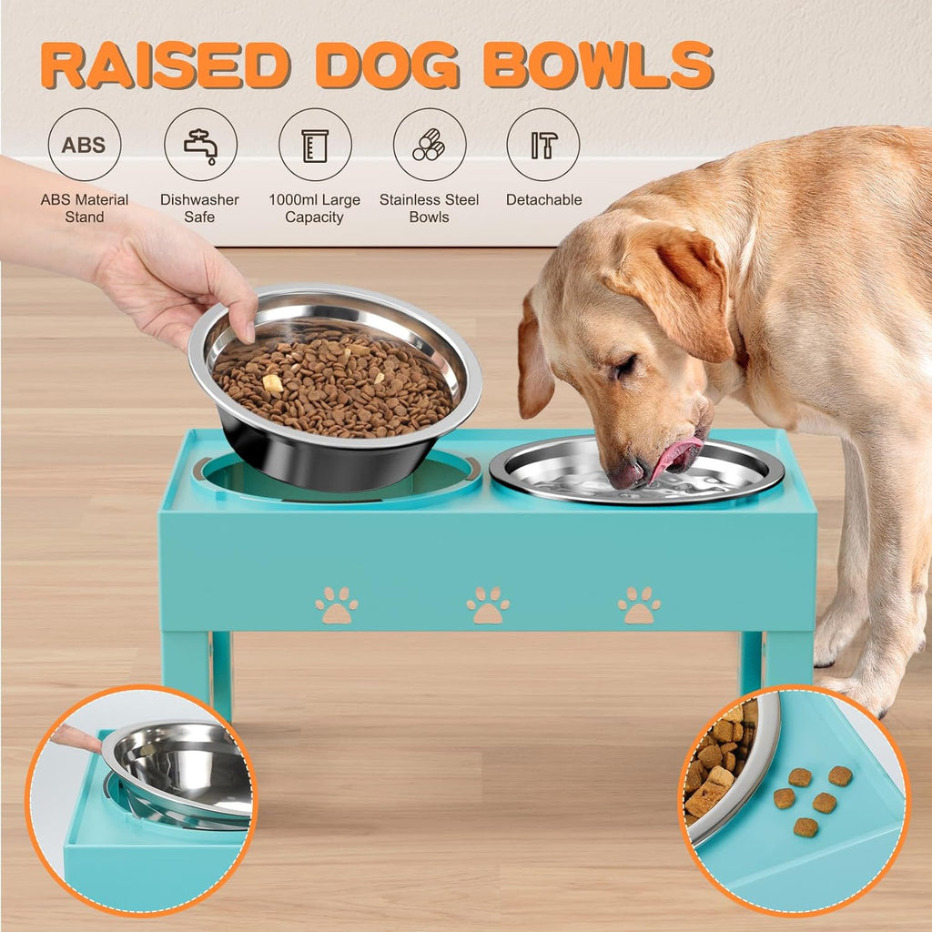 Elevated Dog Bowls with 2 Stainless Steel Bowls, Raised Dog Food Bowl Stand 5 Height Adjustable (3.1", 9", 10", 11", 12") Non-Slip Feeder Set for Medium and Large Dogs - Turquoise