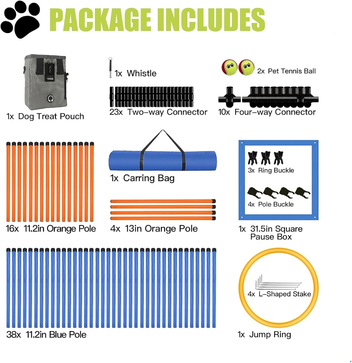 Dog Agility Equipment Set, Obstacle Courses Training Starter Kit Includes Adjustable High Jump Hurdle, Hoop, Weave Poles, Pause Box, Treat Pouch with Easy Carry Bag
