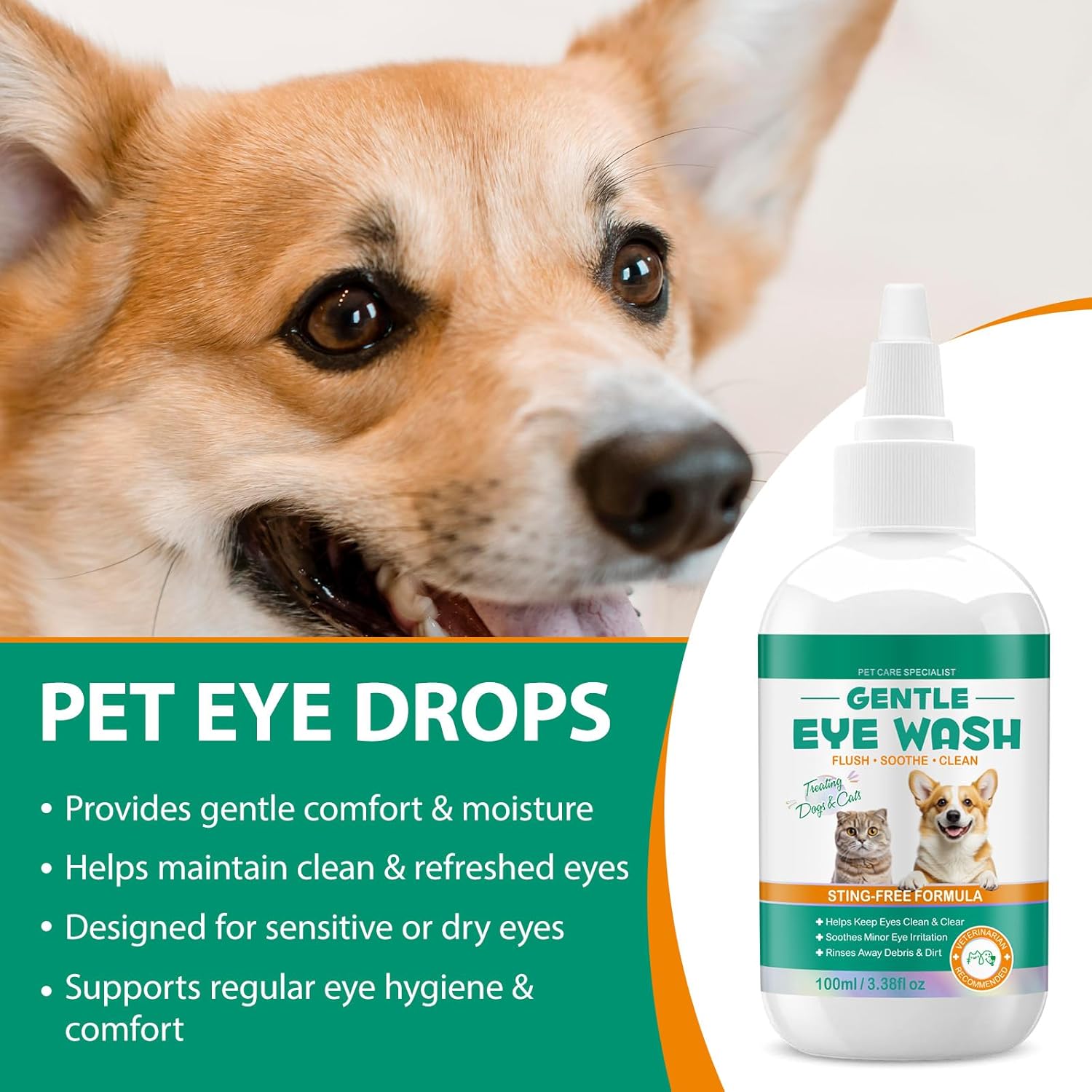 Pet Eye Drops for Dogs & Cats - Gentle Cat Eye Drops for Itchy, Watery Eyes - Safe Eye Wash Solution for Puppies & Kittens - 3.38 oz