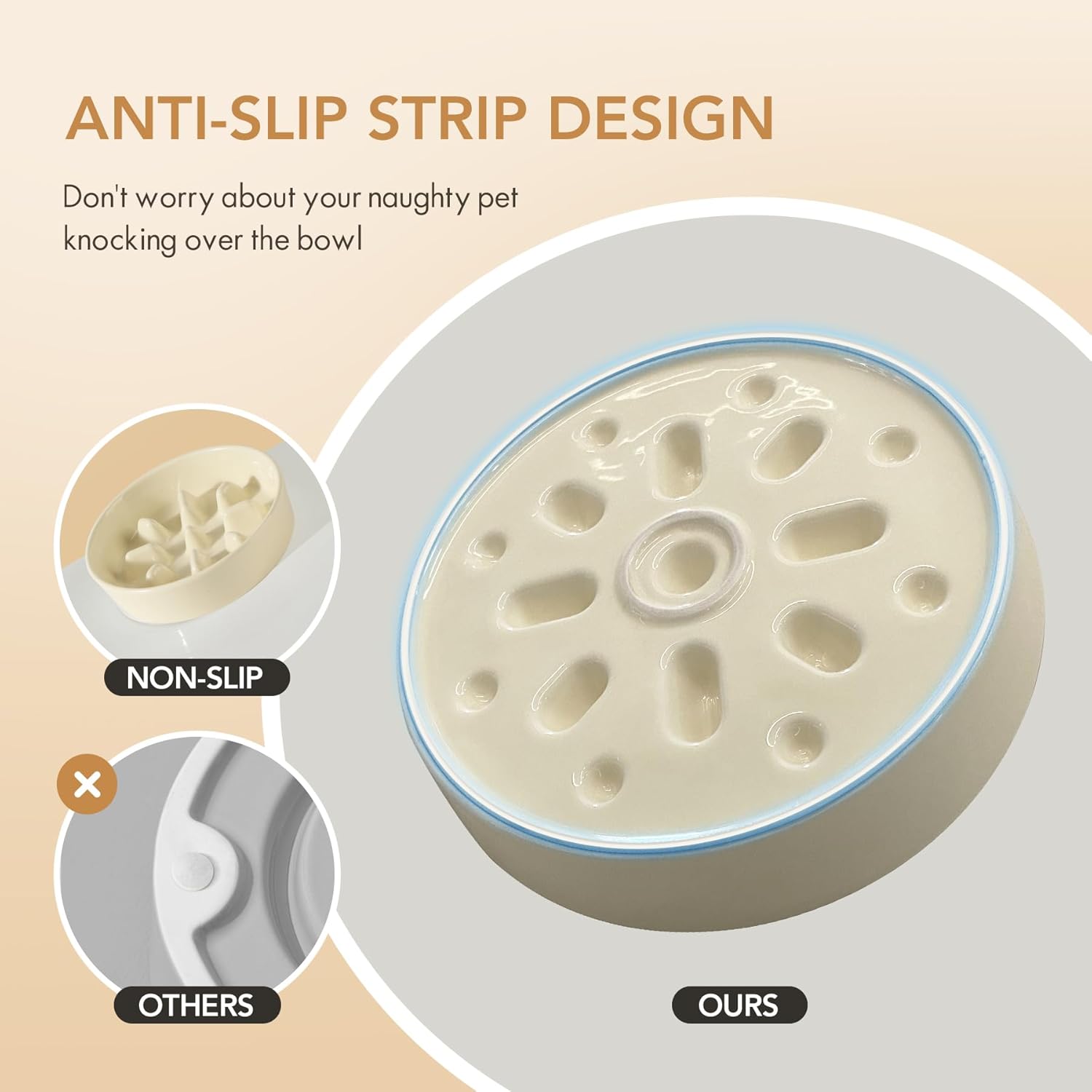 Ceramic Raised Slow Feeder Dog Bowl Set, Elevated 6.1inch Bowl and 7.3inch Slow Pet Food Dish with Wooden Stand for Small and Medium Dog (2 x Beige+ Stand)